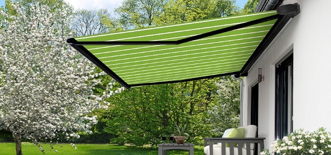 Lime green and white striped awning