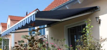 Light and dark blue striped awning